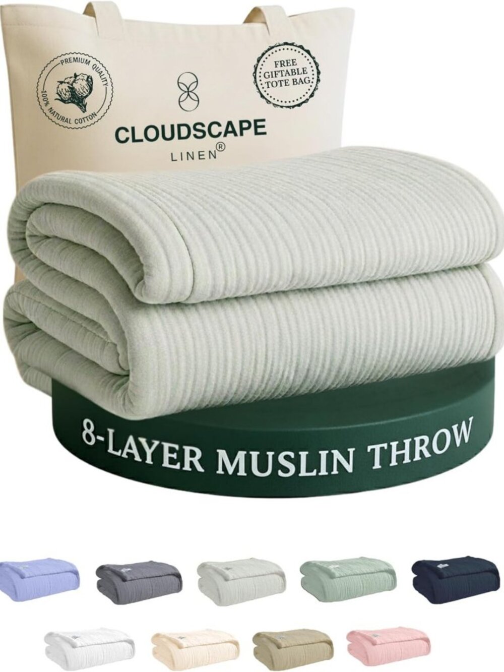CLOUDSCAPE 8 Layer Oversized Muslin Throw, 100% Cotton 50"x70" - Sea Foam